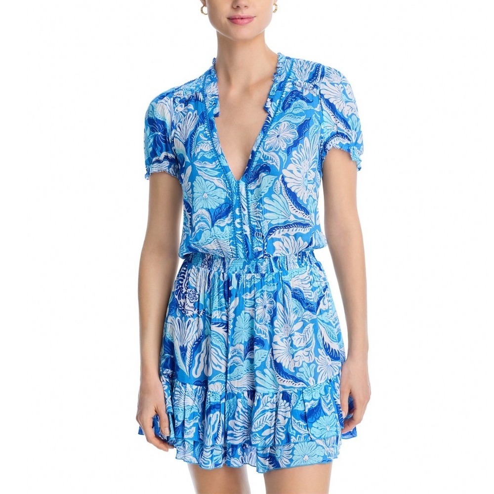Poupette St Barth Bibi Mini Dress Blue Tiger Lily Floral Smocked Large